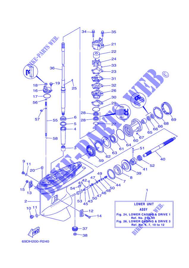 UNTERES GEHÄUSE UND ANTRIEB 1 für Yamaha E60H Manual & Electric Steering, Hydro Trim & Tilt, Pre-Mixing,Shaft 20